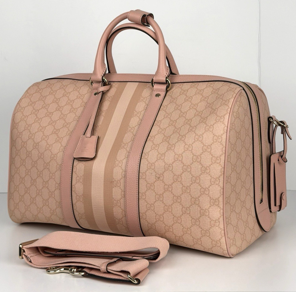 Gucci Ophidia Medium Duffle Bag in Dusty Pink GG Supreme Canvas and Leather S
